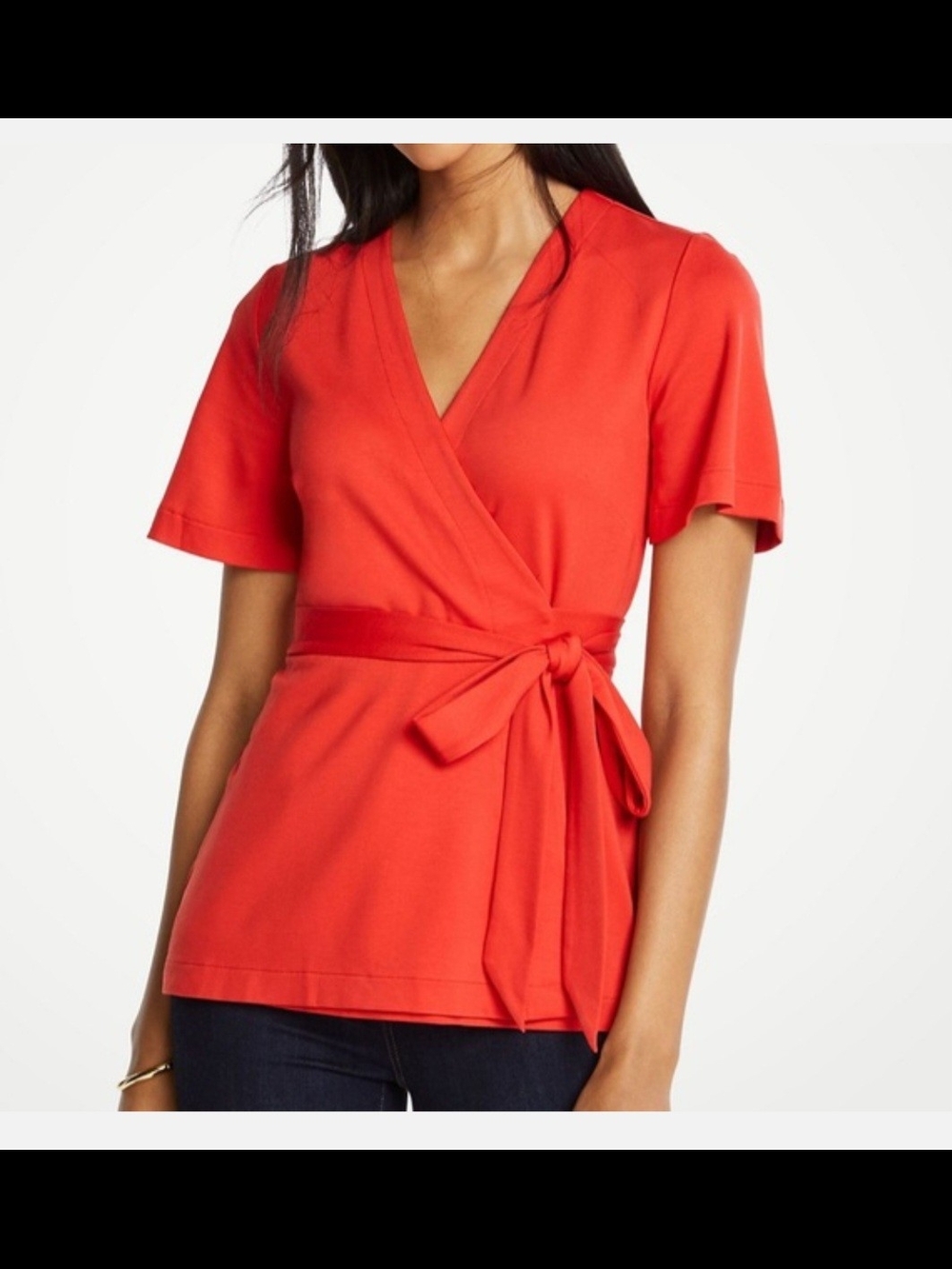 Ann Taylor Red Wrap Tie Short-Sleeve Blouse